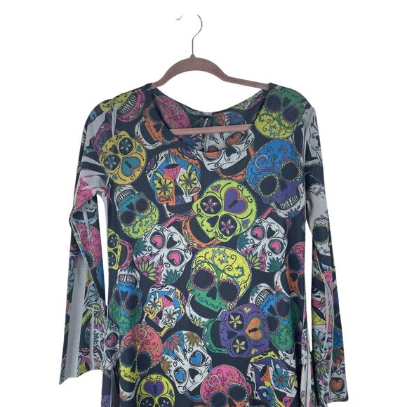 Casa Lee Multicolor Sugar Skull Tunic Top Asymmetrical Hem - Picture 2 of 9